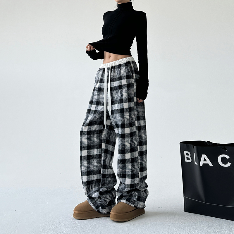 チェックパンツ もこもこチェックフリースワイドパンツ