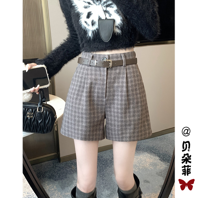 チェックパンツ クラシック格子柄ハイウエストベルト付きショートパンツ