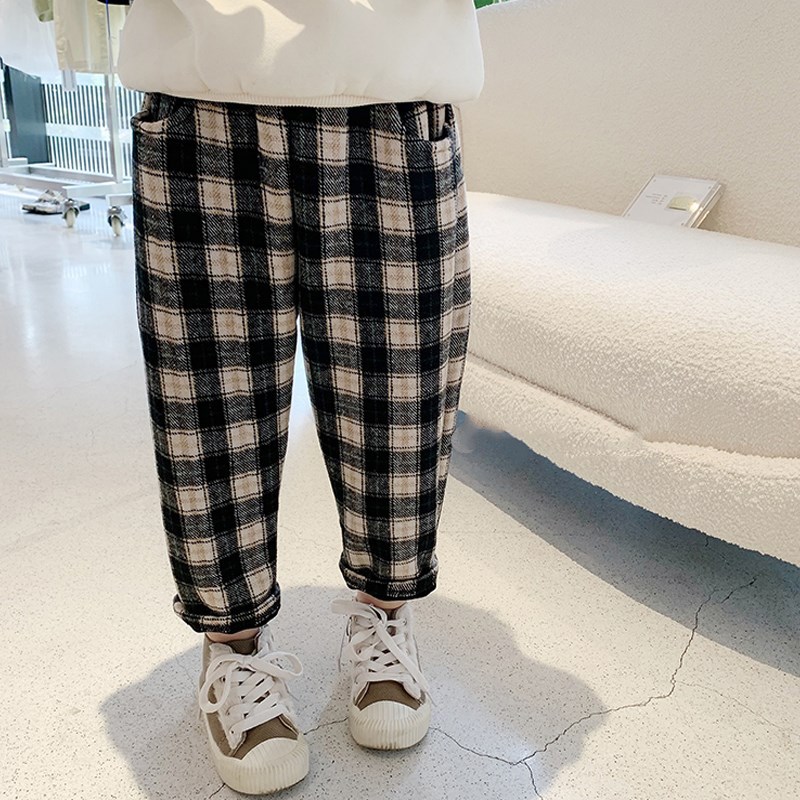 チェックパンツ 韓国風子供服女の子男の子裏起毛チェック柄パンツ