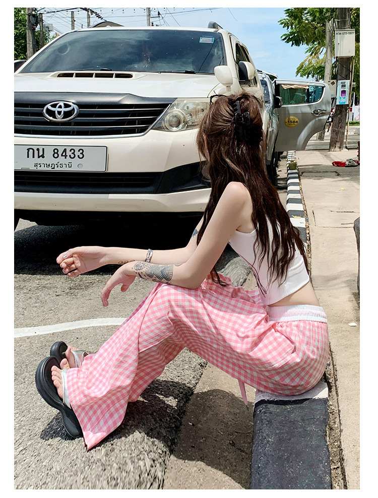 チェックパンツ 爽やかな格子柄ゆったりパンツ