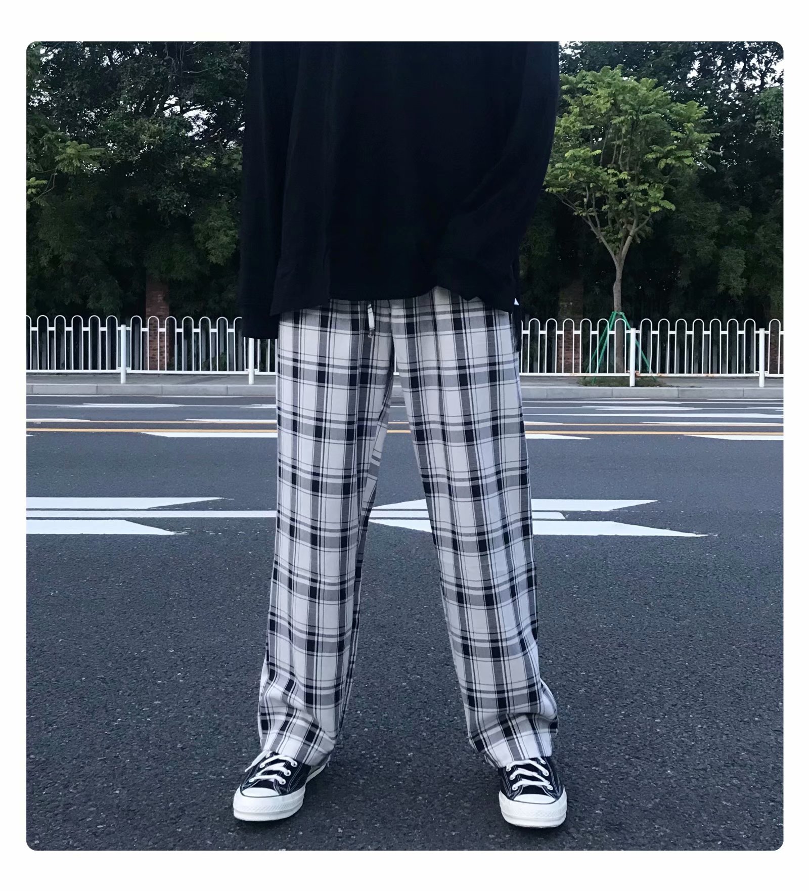 チェックパンツ チェックパンツ ゆったり格子柄ワイドパンツ