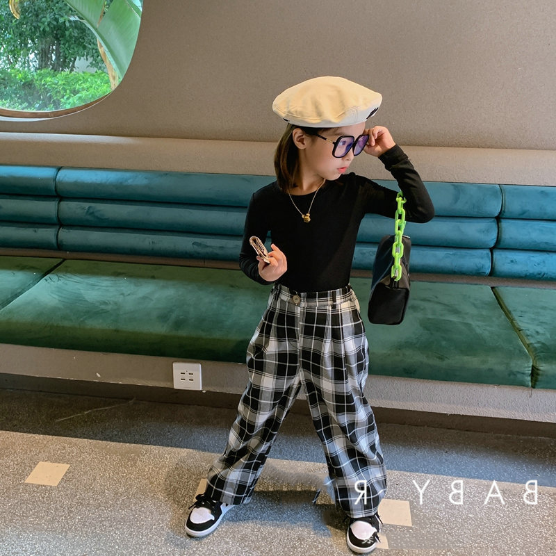 韓国風女の子チェックパンツセット可愛いツーピース子供服
