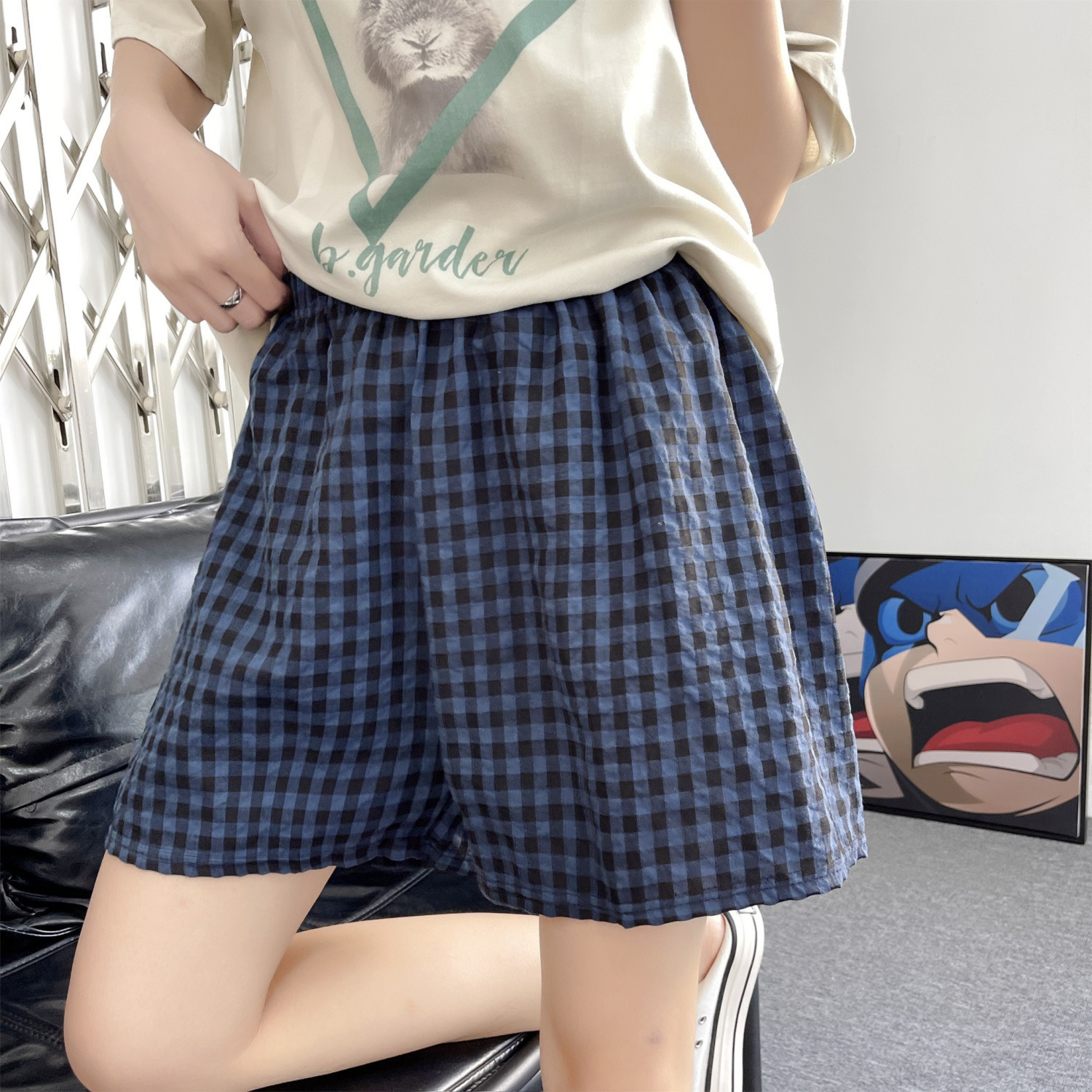 チェックパンツ 爽やか格子柄ゆったり　ショートパンツ