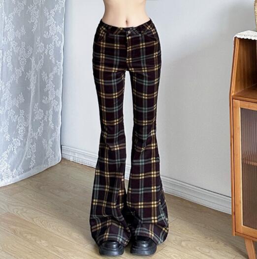 チェックパンツ ハイウエストラッパチェック柄パンツ