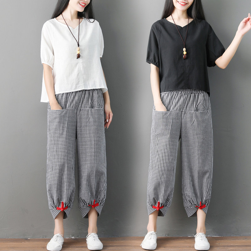 チェックパンツ 裾リボン付きゆったりギンガムチェック七分丈パンツ