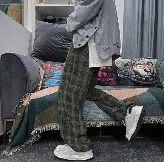 チェックパンツ 春夏メンズゆったりチェック柄パンツレトロ風