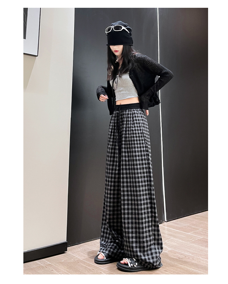 チェックパンツ グレー ゆったりシルエット格子柄ワイドパンツ
