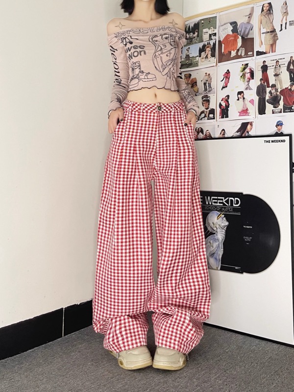 チェックパンツ レディース ギンガムチェック ワイドパンツ 赤白格子柄
