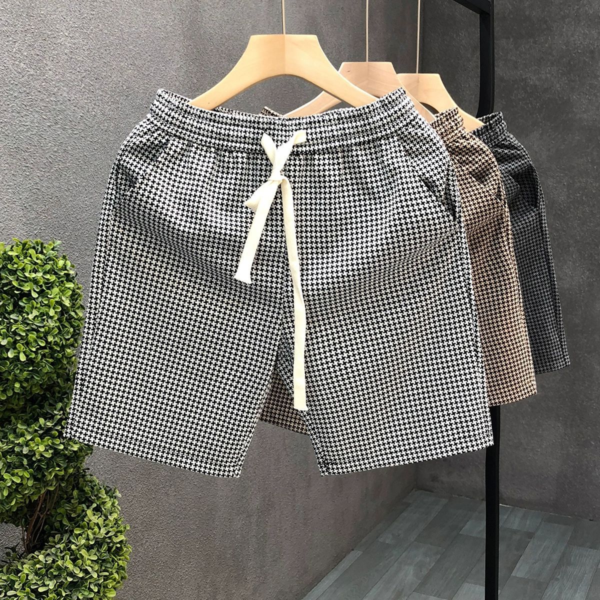 チェックパンツ 千鳥格子柄リボン付きチェックパンツショートパンツ