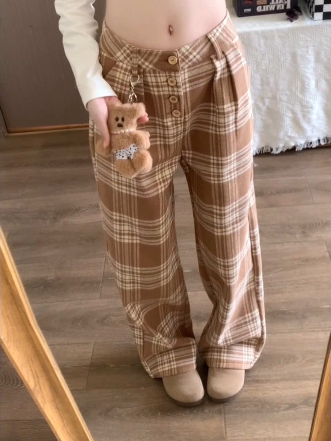 チェックパンツ ウエストボタン タータンチェック フレアパンツ