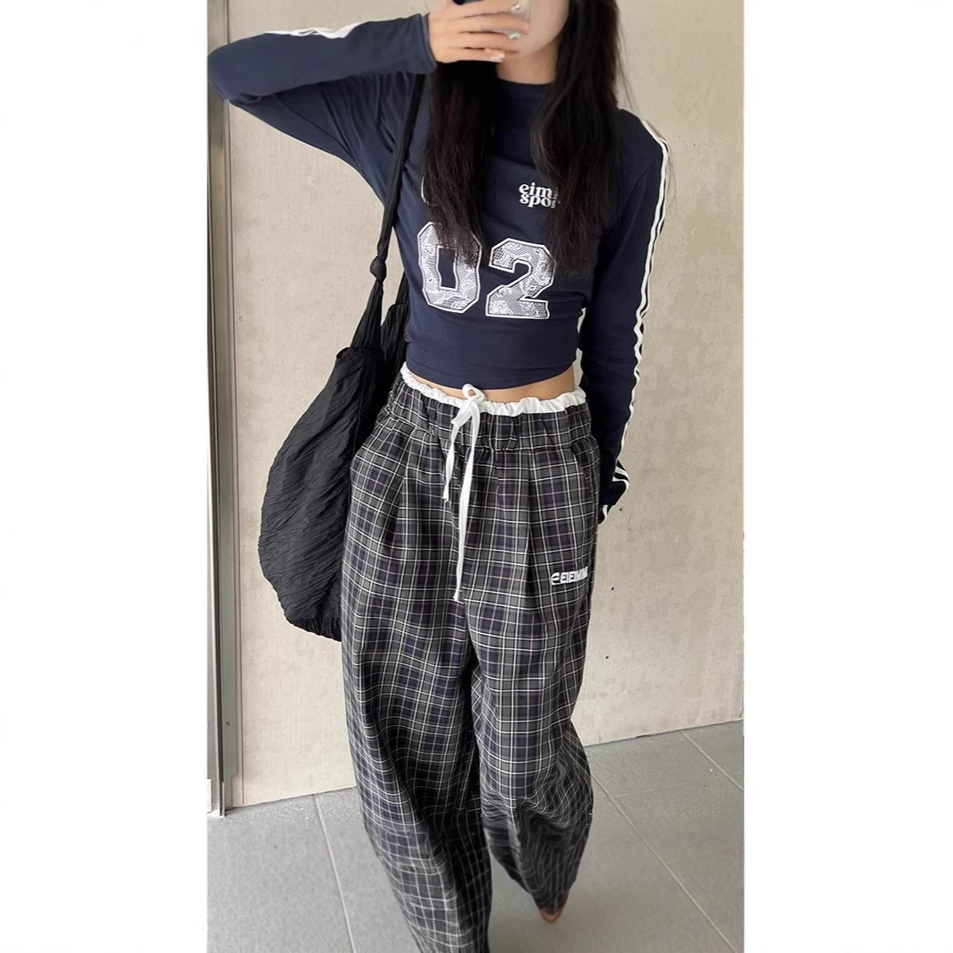 チェックパンツ 紐付きワイドシルエットギンガムチェックパンツ