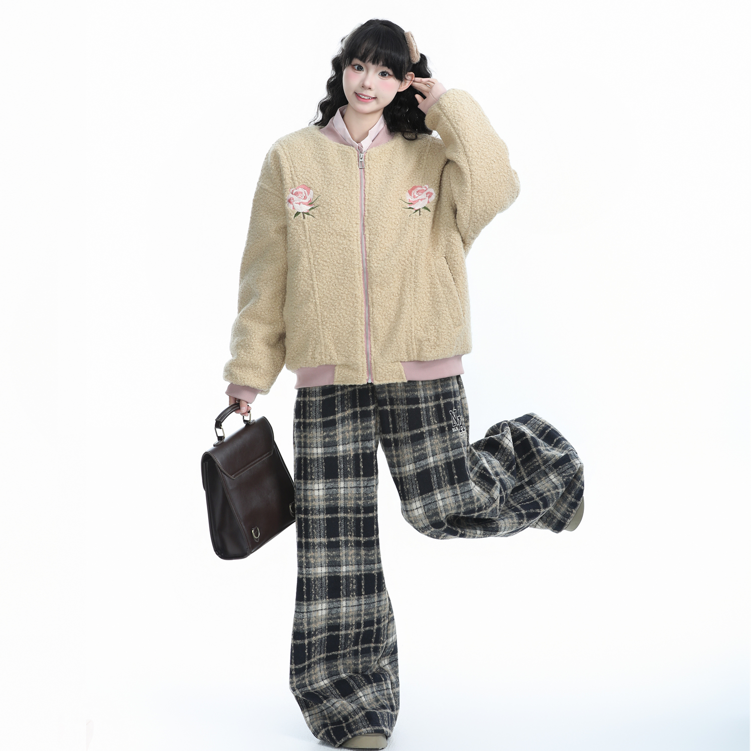 チェックパンツ ウォッシュ加工タータンフレアパンツ