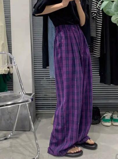 チェックパンツ レディース 紫チェック柄 ワイドパンツ