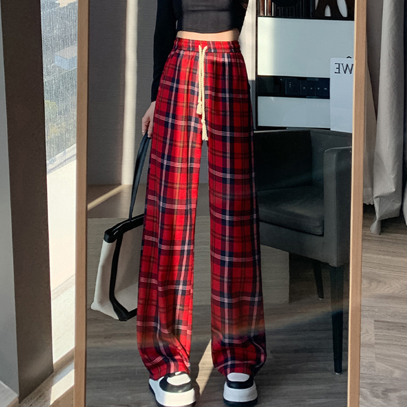 チェックパンツ 赤 伝統格子柄 ゆったりワイドパンツ