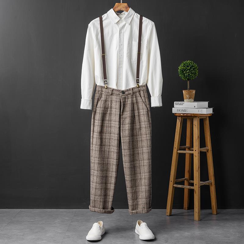 チェックパンツ サスペンダー付き グレンチェック パンツ