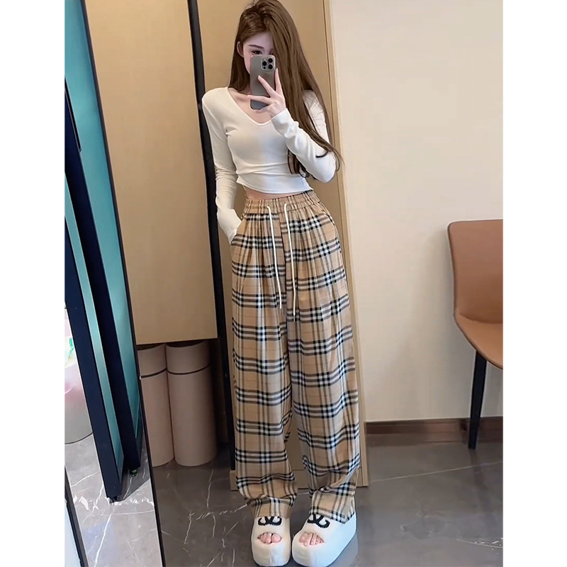 チェックパンツ グレンチェック柄ハイウエストワイド