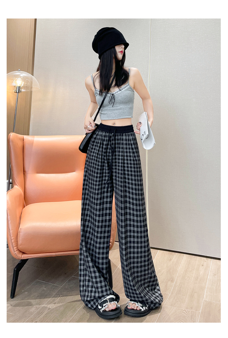 チェックパンツ グレー ゆったりシルエット格子柄ワイドパンツ
