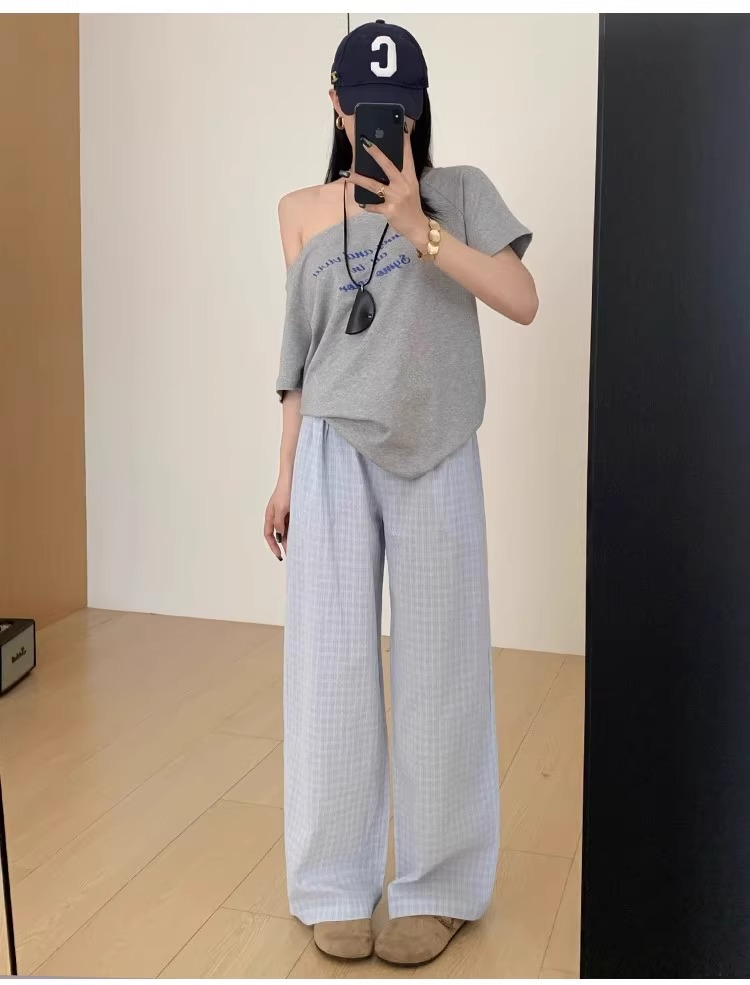 チェックパンツ 爽やか夏空ワイドパンツ