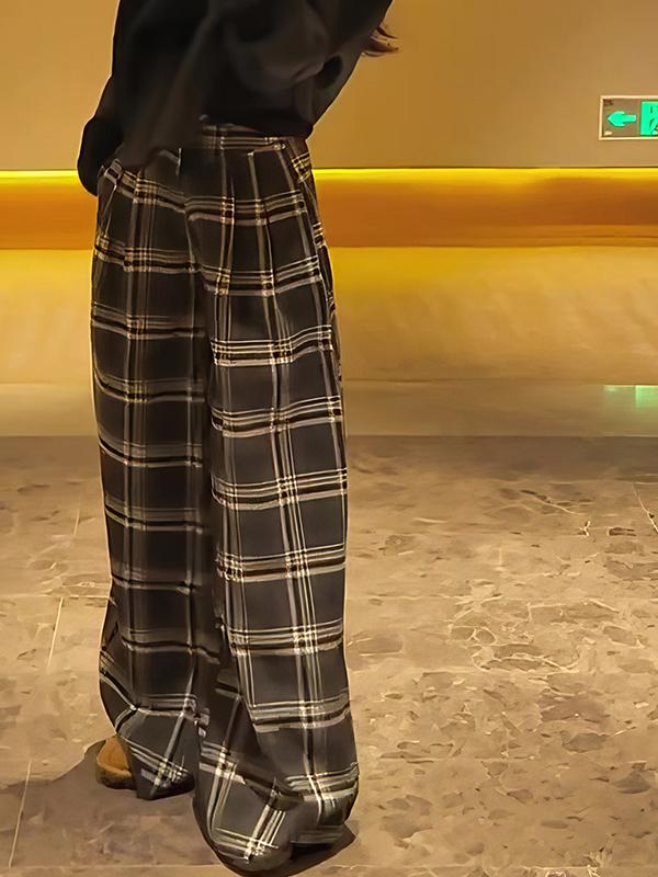チェックパンツ チェックパンツ 格子柄ゆったりロングパンツ
