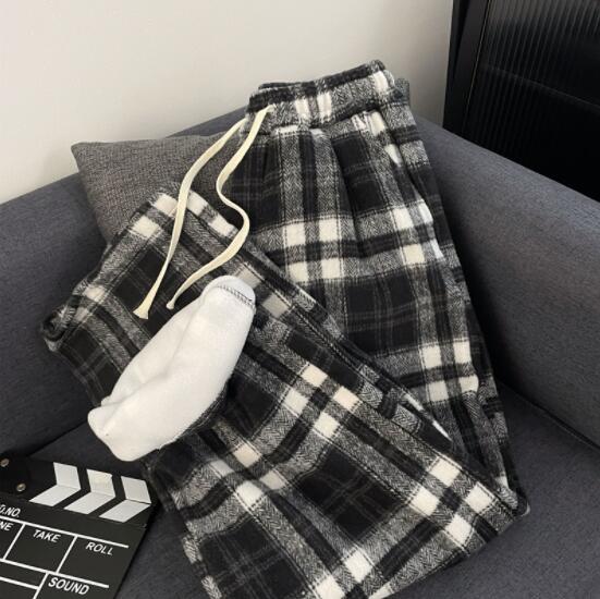 メンズ起毛チェックパンツ白黒柄