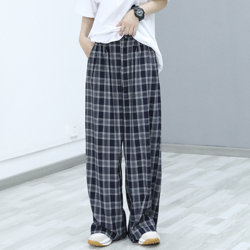 チェックパンツ 格子柄ゆったりワイドストレートリラックスパンツ