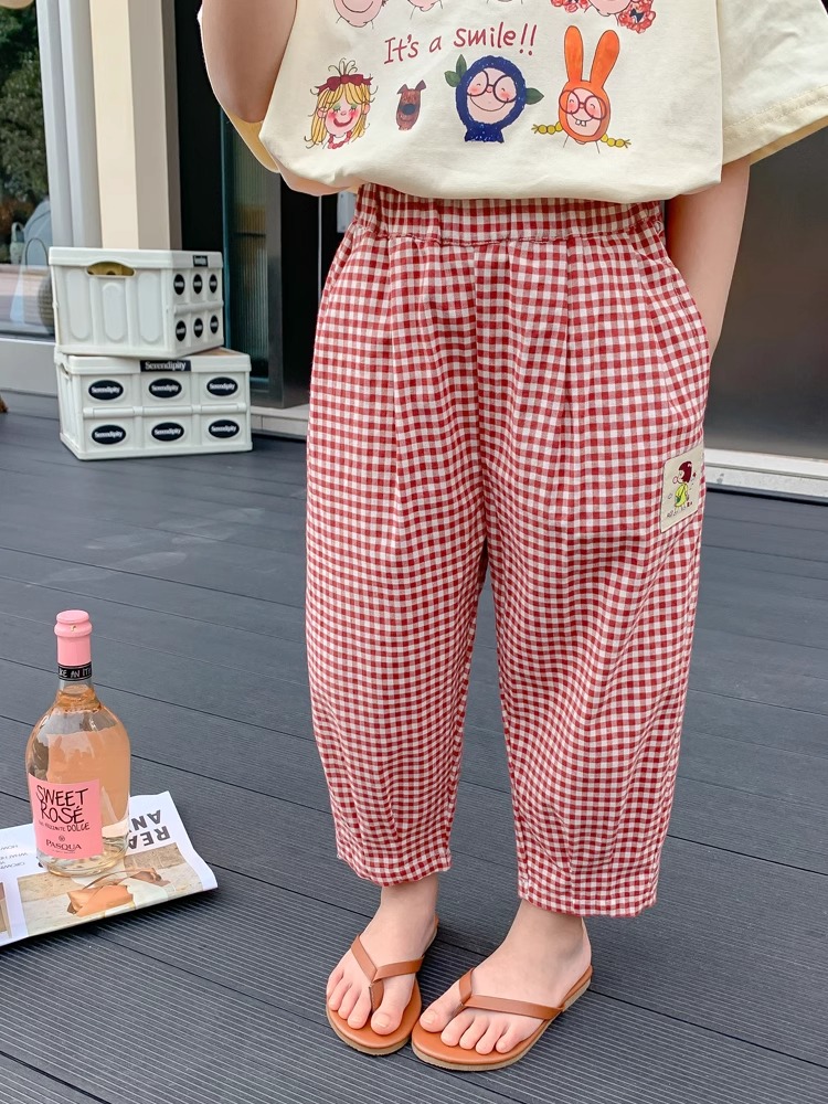 チェックパンツ キャラクターワッペン付きチェックパンツ