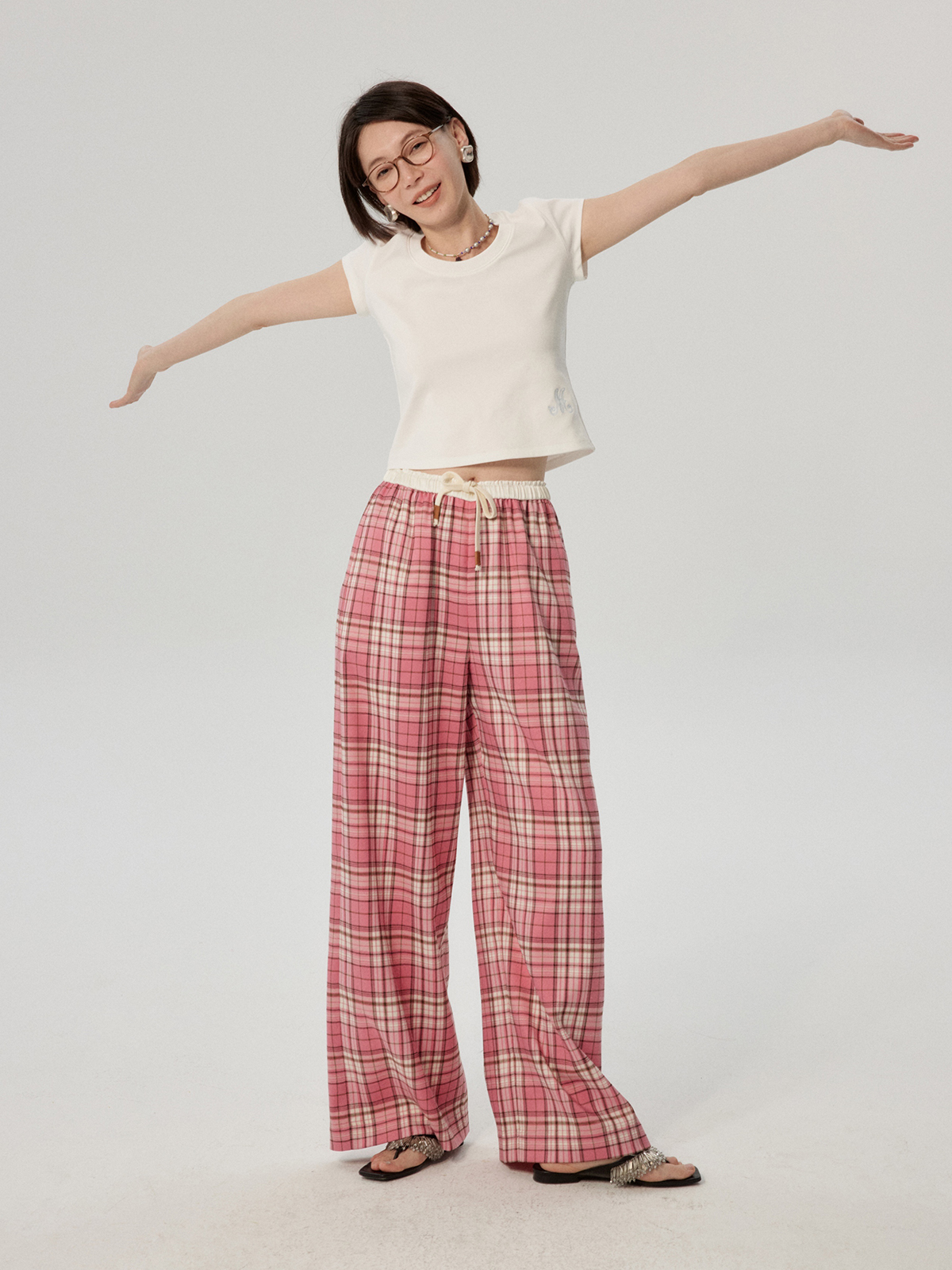 チェックパンツ チェックパンツ ゆったり格子柄ワイドパンツ