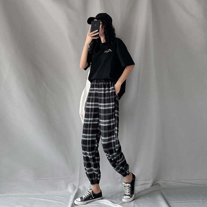 チェックパンツ 格子柄裾絞りジョガーパンツゴム仕様