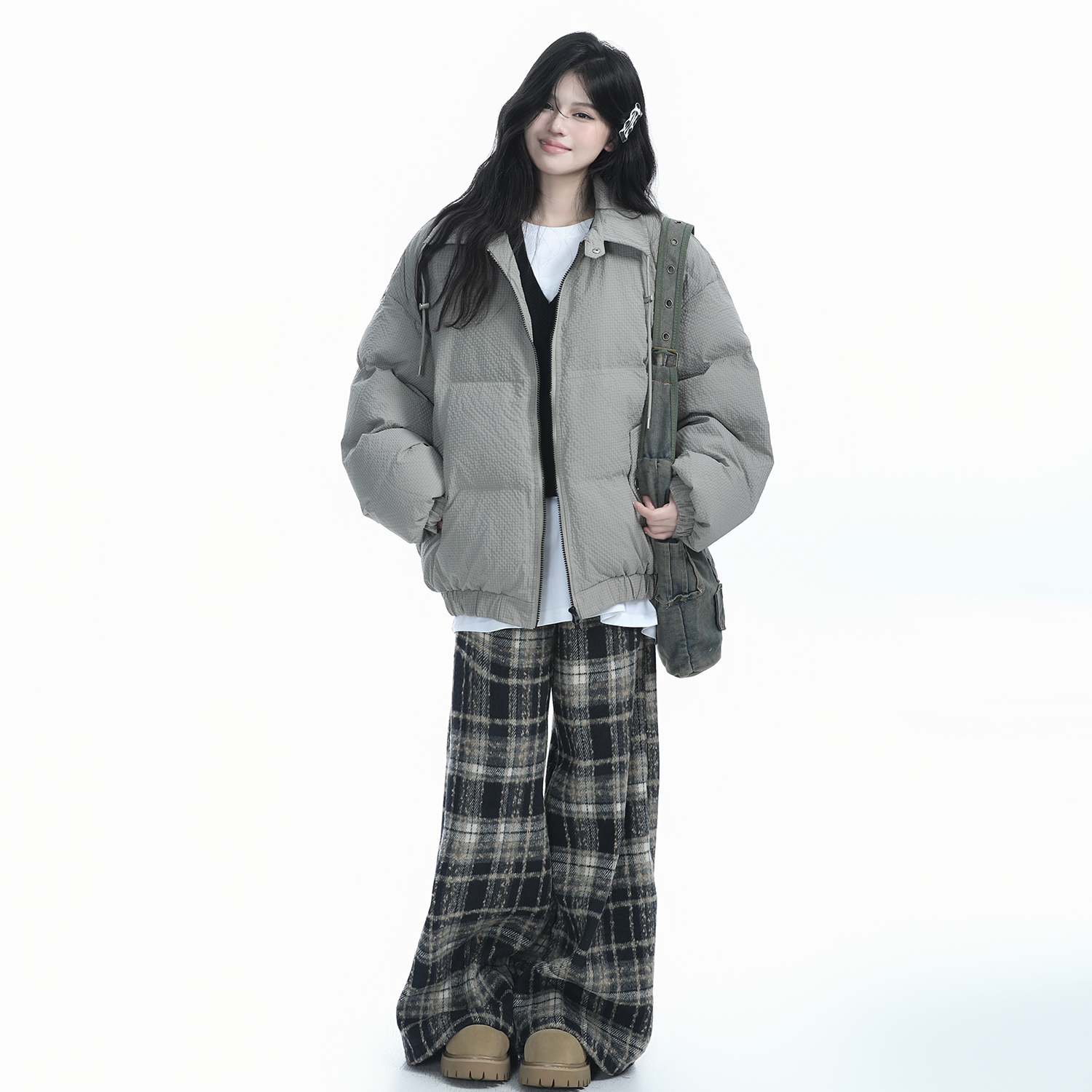 チェックパンツ ウォッシュ加工タータンフレアパンツ