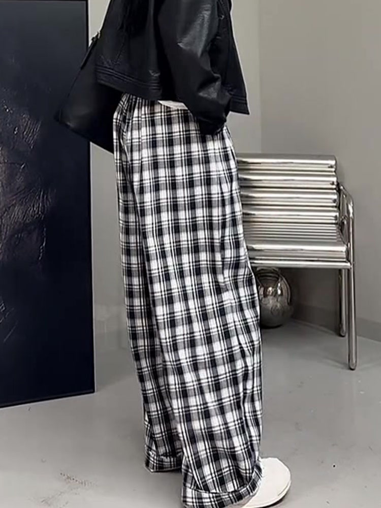 チェックパンツ 白黒 ゆったりシルエット格子柄ワイドパンツ