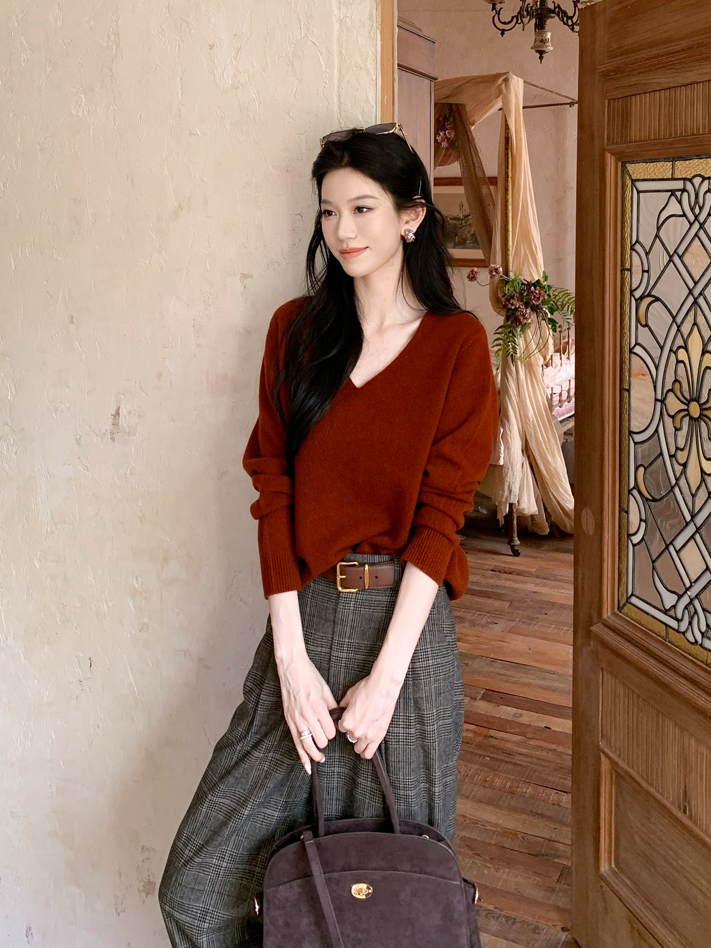 チェックパンツ グレンチェック柄ワイドタックスラックス