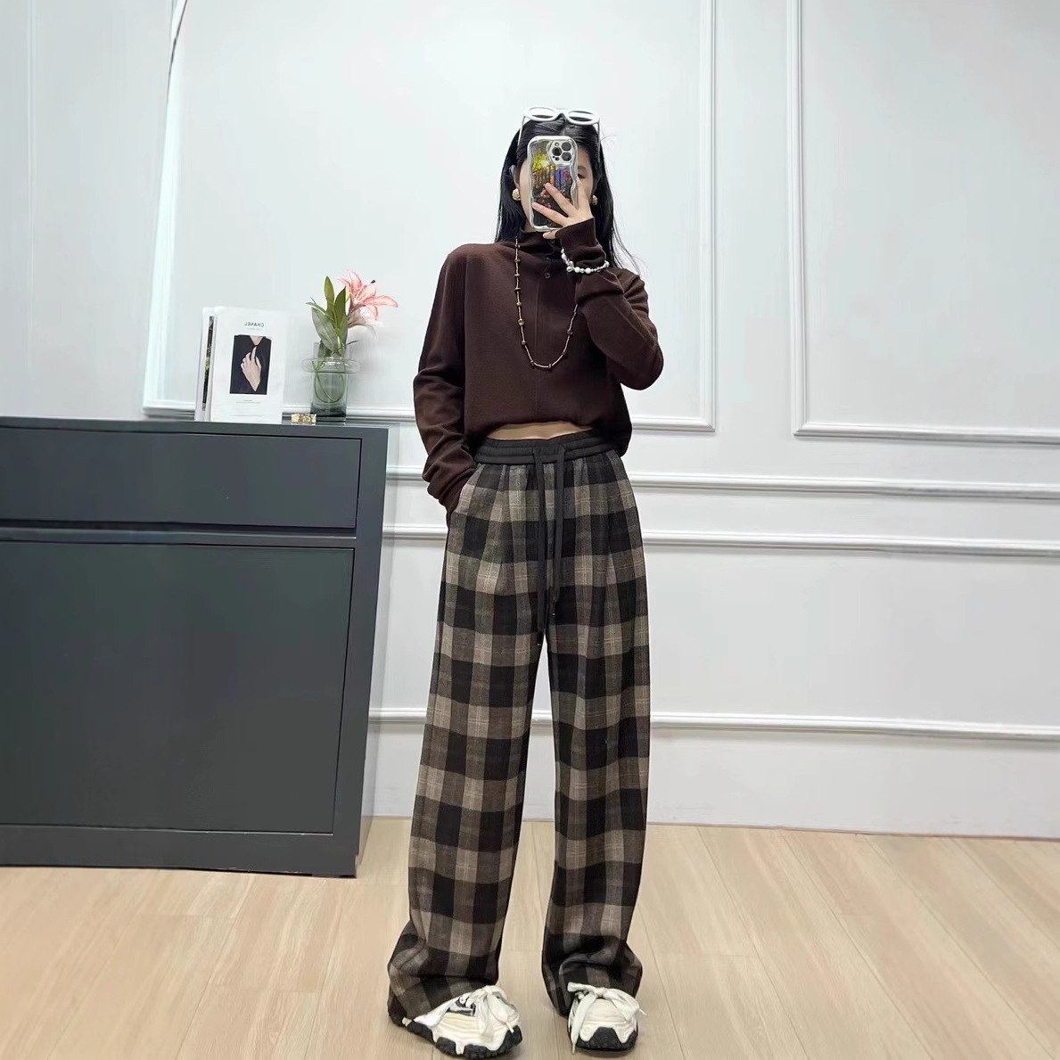 チェックパンツ ブラウン ゆったりシルエット 格子柄 ワイドパンツ