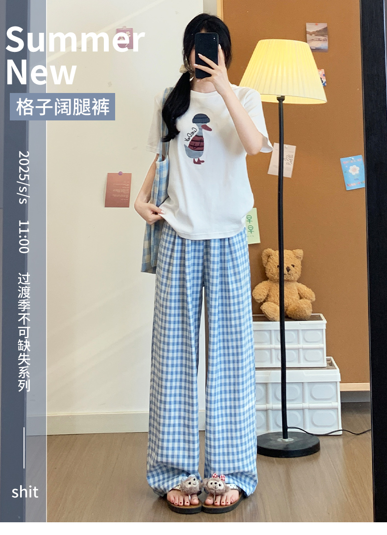 チェックパンツ 爽やか格子柄ワイドパンツ