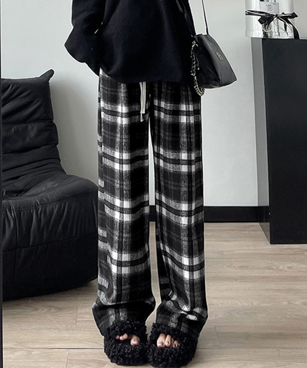 チェックパンツ チェック柄ハイウエストワイドパンツ裏起毛