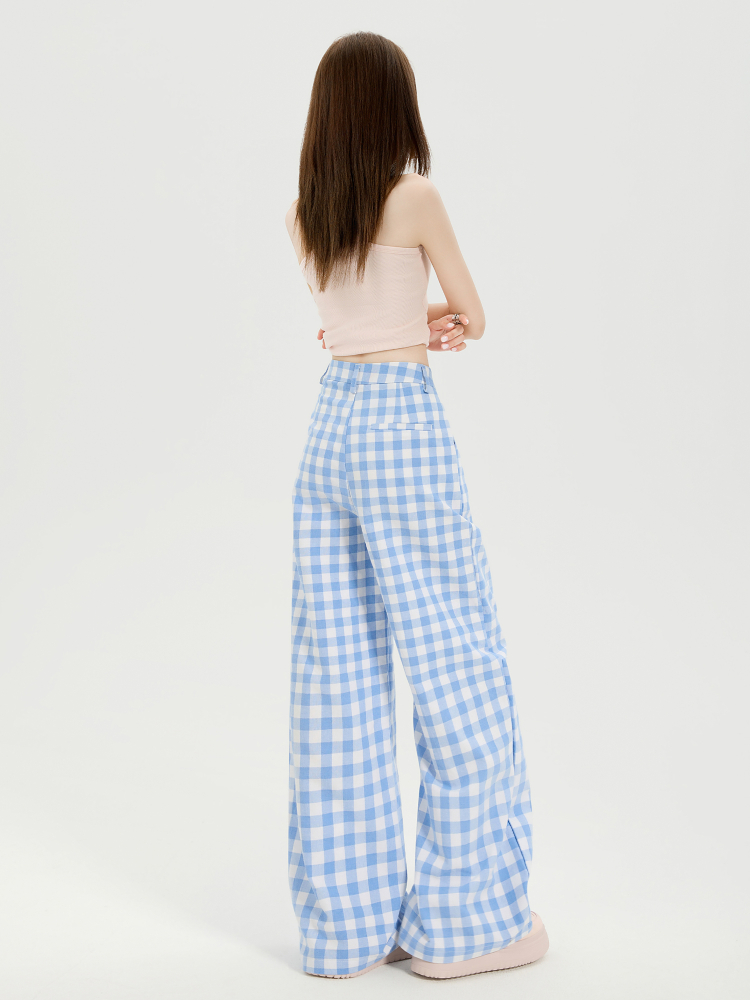 チェックパンツ 爽やか格子柄ワイドパンツ