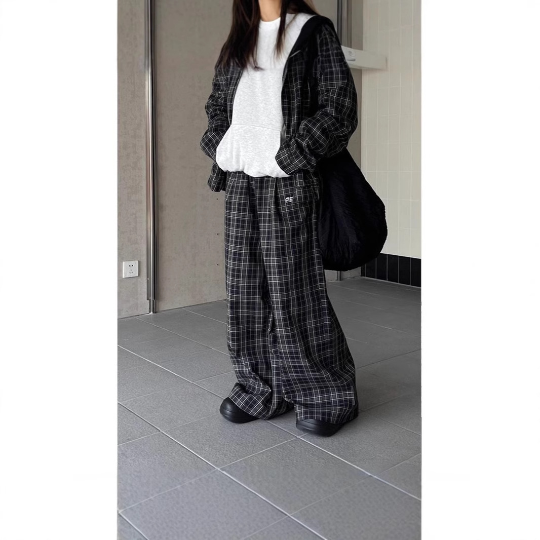 チェックパンツ 紐付きワイドシルエットギンガムチェックパンツ