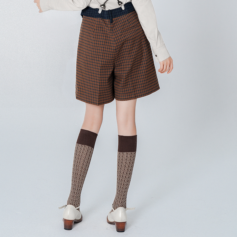 チェックパンツ レトロ風チェック柄ショートパンツ 吊りバンド付き