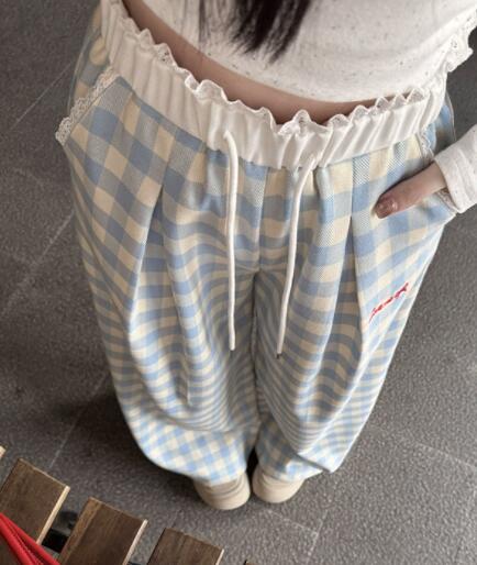 チェックパンツ レディースギンガムチェックワイドパンツ