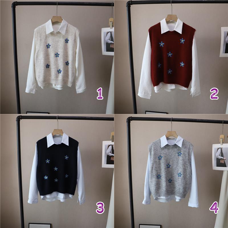 レディースベスト 花刺繍ニットベストセット 白シャツ重ね着風 韓国風
