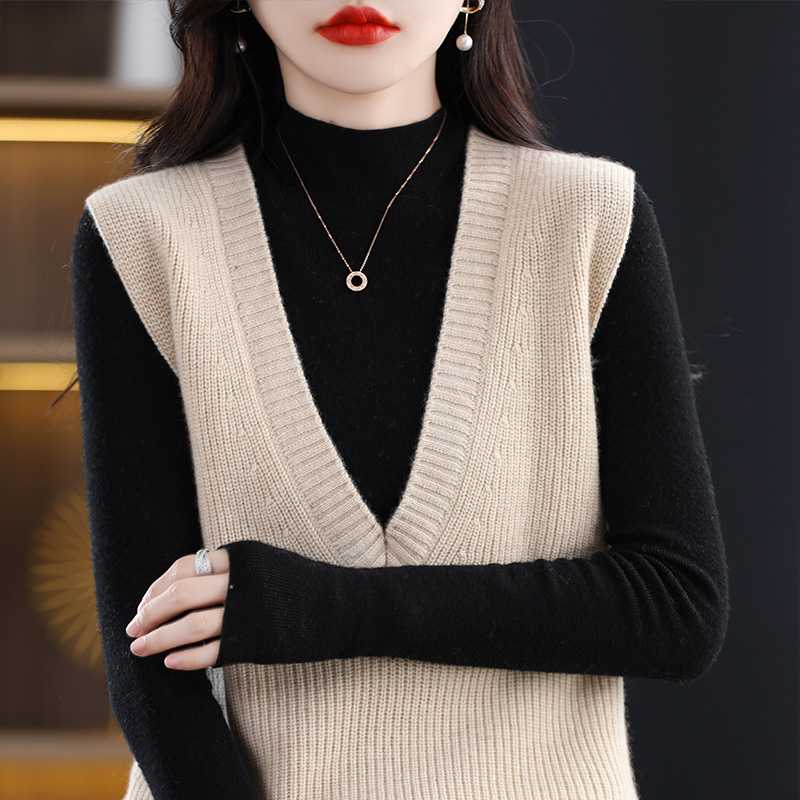 レディースベスト シンプル深Vネックレディースニットベスト