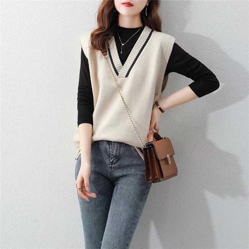 レディースベスト シンプル深Vネックニットベスト