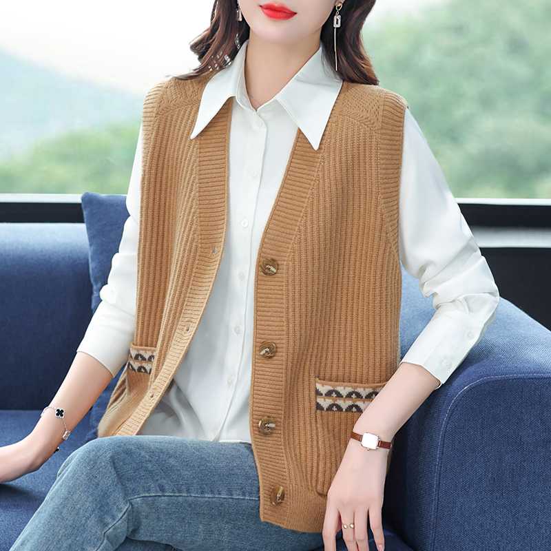 レディースベスト 凹凸編みポケットニットベスト