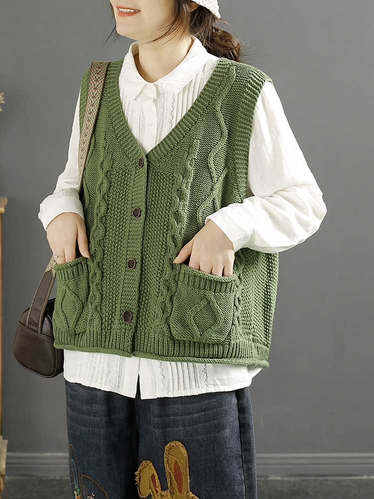 レディースベスト ケーブル編みレトロ調ベスト