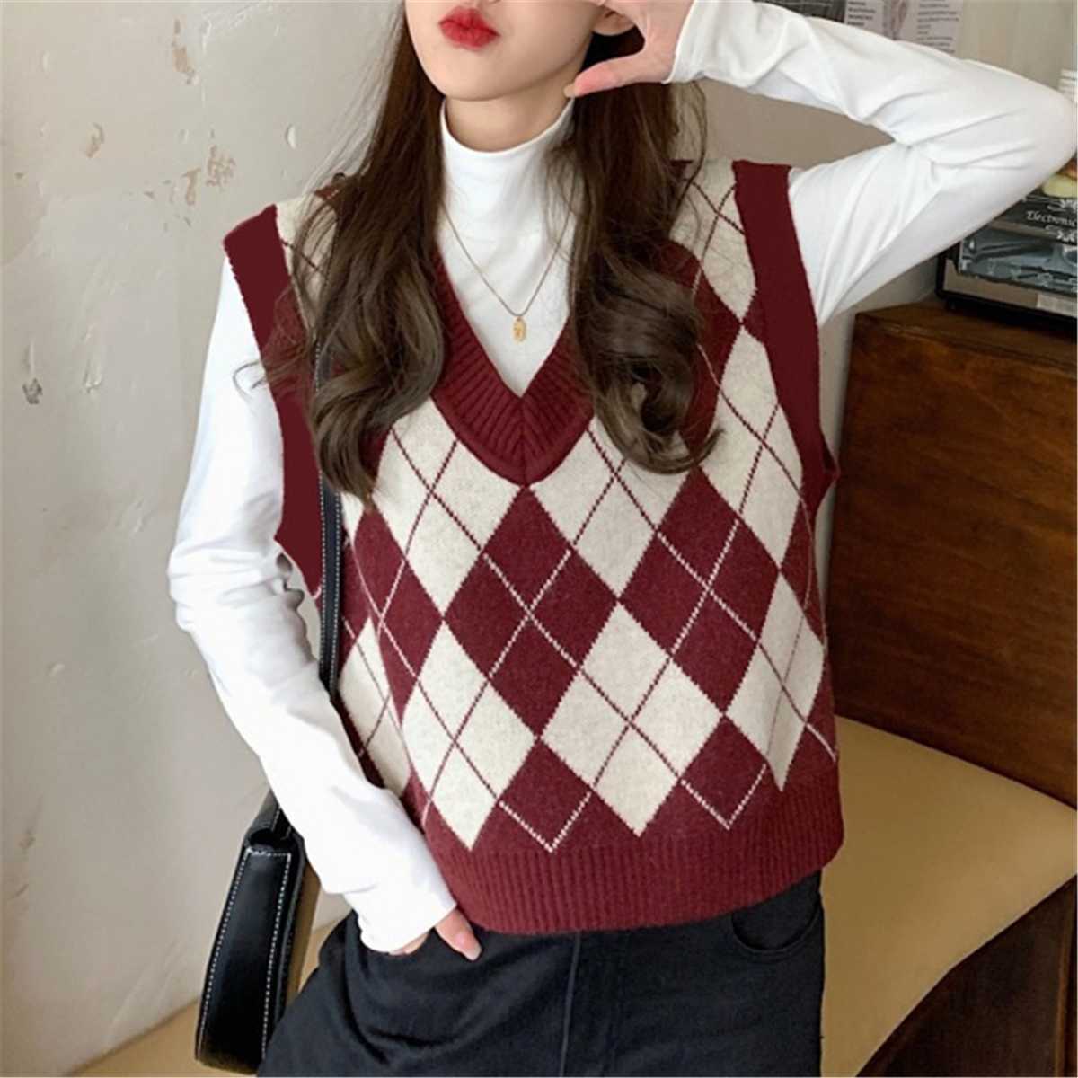 レディースベスト アーガイルチェック柄ニットベスト