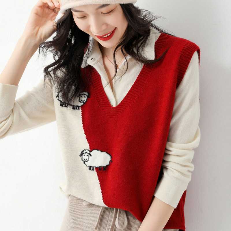 レディースベスト 小羊さんとお散歩 ニットベスト