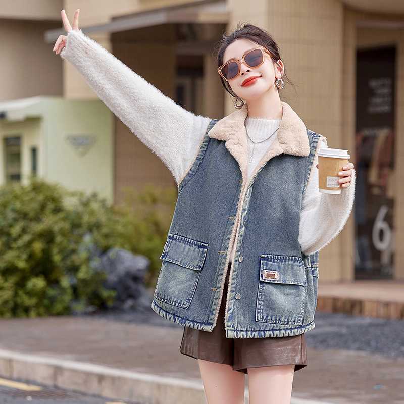 レディースベスト ボアライナー付きデニムベスト