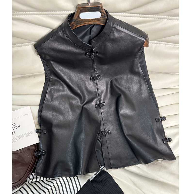 レディースベスト チャイナ風ボタン留めレディースレザーベスト