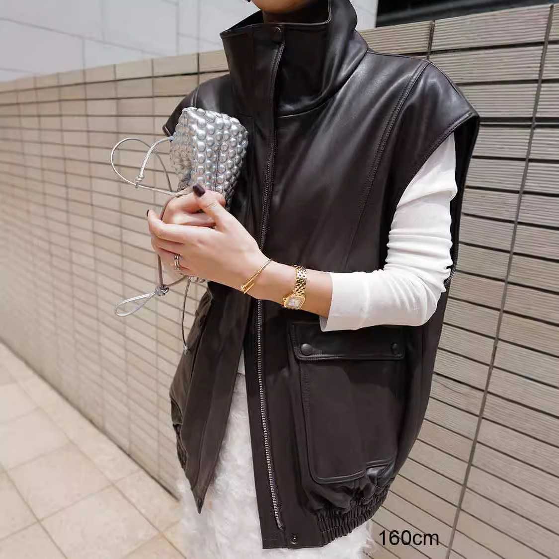 レディースベスト シンプル切替ハイネックレザーベスト