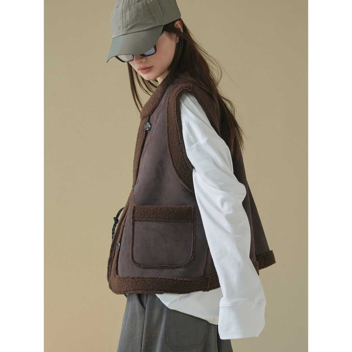 レディースベスト もこもこレザーベスト