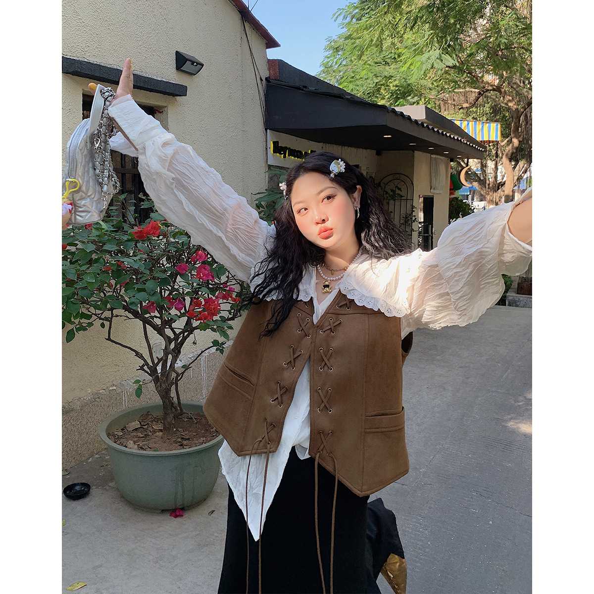 レディースベスト レースアップレザーベスト華やぎコルセット